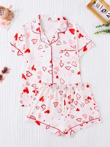 Women's 2-Piece Cute Heart Print Pajama Set, Fitted Short Sleeve Top with Button Collar, Comfortable Loose Shorts, Sweet Sleepwear Loungewear