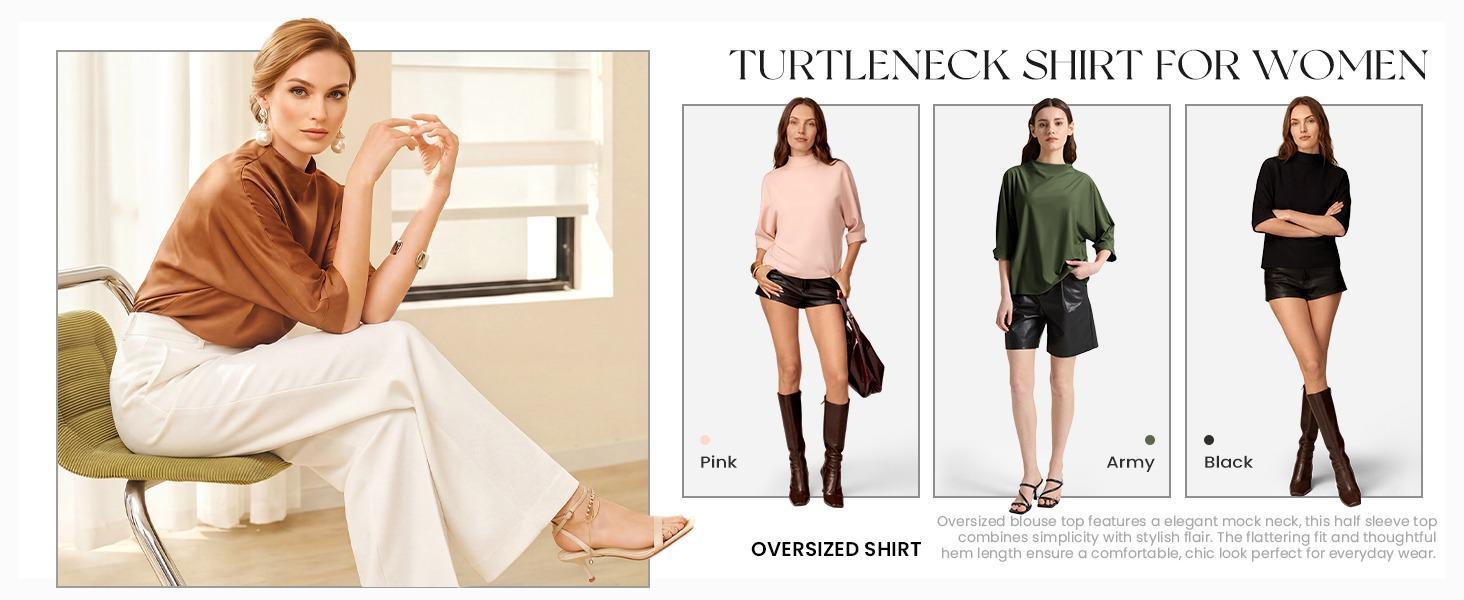 Arssm Women’s Mock Neck Blouse – Oversized Half Sleeve Turtleneck Top for Business Casual Office & Everyday Outfits