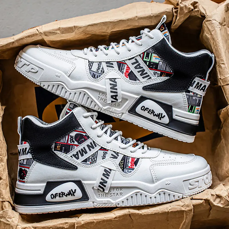 Men’s high-top casual sneakers in large sizes featuring color blocking and letter print, lace-up design, thick sole, perforated toe box—suitable for street style and everyday wear.,Cloudnova,Breathable,Shock Absorb,Comfortable,Air,Cushi,skateboar,,,Canvas