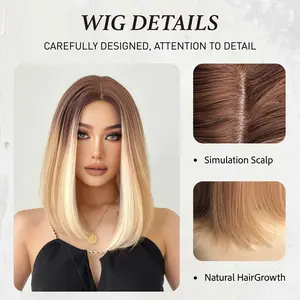 European-Inspired Straight Wig - Medium-Length Gradient Style with Sleek Middle Part - Sun-kissed Balayage/Sandy Blonde Balayage - Synthetic Hair for Everyday Wear - 35-40cm Length - Comfortable & Easy Care