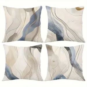 Blue and Geometric Lines Art Pillow Covers Set of 4, Easy to Clean, Invisible Zipper, Boho Style, for Bedroom Living Room Sofa Car Home Decor