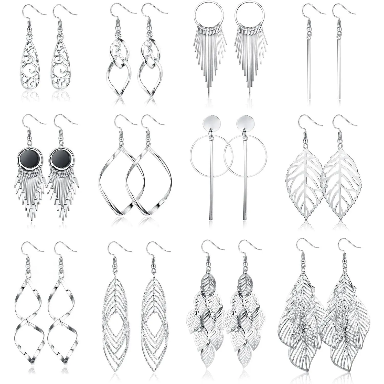 12-Pair Women's Boho Earrings Set, Hypoallergenic Silver-toned Tassel Drops, Leaf Dangle & Long Bar Statement Jewelry for Daily Wear, Trendy Jewelry, Boho Style Jewelry