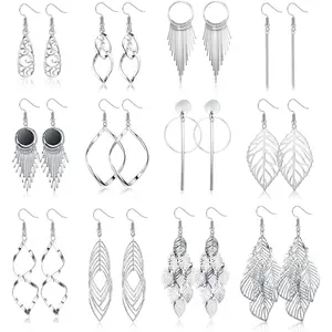 FLORIDECO 12 Pairs Drop Dangle Earrings Set for Women Girls Boho Earrings with Hypoallergenic Silver Tassel, Wave Leaf, and Long Bar Designs