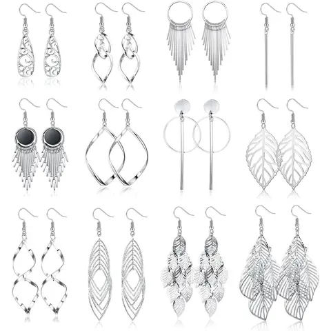 Women's 12-Pair Hypoallergenic Silver-Tone Boho Style Earrings Set - Tassels, Leaf Dangles, Statement Bars, Waves, Luxe Artificial Gemstone Jewelry, Trendy Female Accessories for Party, Daily Wear, Boho Style Jewelry