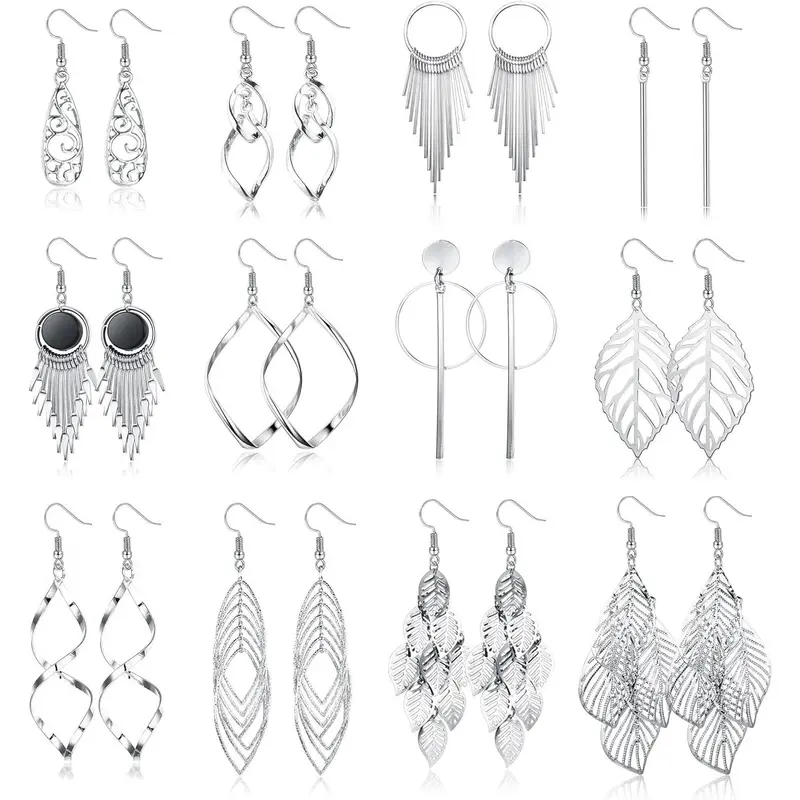 Women's 12-Pair Hypoallergenic Silver-Tone Boho Style Earrings Set - Tassels, Leaf Dangles, Statement Bars, Waves, Luxe Artificial Gemstone Jewelry, Trendy Female Accessories for Party, Daily Wear, Boho Style Jewelry