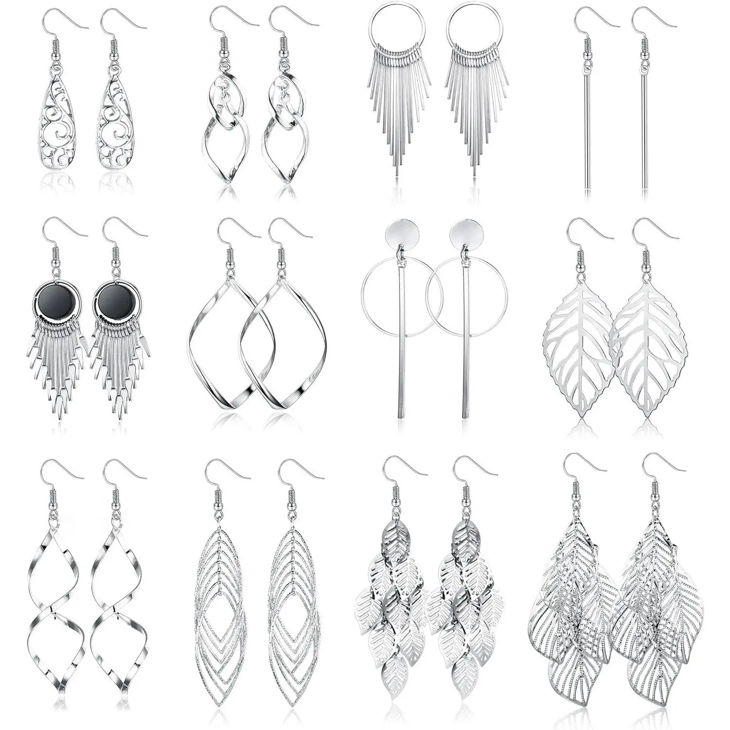 FLORIDECO 12 Pairs Drop Dangle Earrings Set for Women Girls Boho Earrings for Women Dangling Hypoallergenic Silver Tassel Earrings Wave Leaf Long Bar