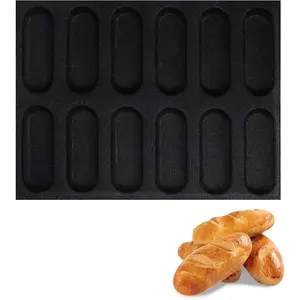 Non-Stick Perforated Silicone Baking Molds Mini Hot Dog Bun Baguette Sandwich Baking Forms 12Loaf Black