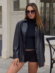 Women PU Leather Belted Jacket, Chic Faux Leather Outerwear, Long Sleeve Button-Up Coat, Trendy Street Style, Fashionable & Stylish Design