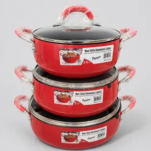 Premium Non-Stick Aluminum Caldero Cookware Set – 3-Piece Red Stock Pot Collection with Glass Lids