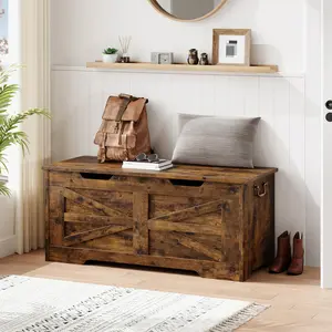 39.4" Farmhouse Storage Bench with Safety Hinge, Rustic Brown Flip Top Chest – Wood Toy Organizer Box & Entryway Trunk for Bedroom, Living Room