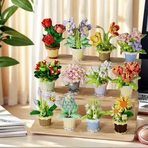 Christmas Gift Plant Pot Model Assembly Toy, Realistic Flower Bouquet Vibrant Faux Flowers Building Blocks Decorative Figurine, Holiday Home Office Desk Decoration