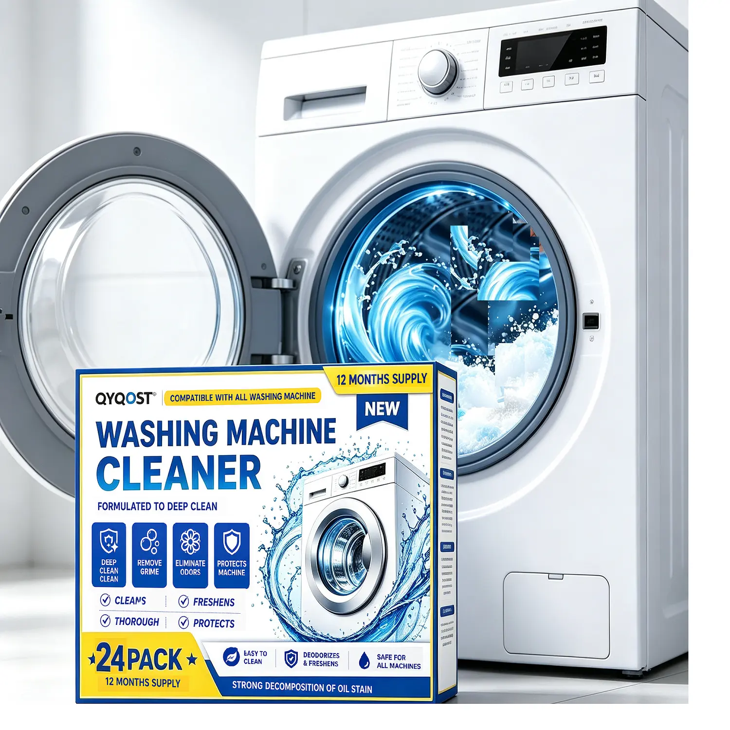 Cleaning Tablets Household - 24pcs Powerful Cleaning Tablets for Washing Machines, Deep Cleaning Descaler Pods, Easy-to-Use, Odour Control, Maintains Freshness, Daily Use, Compatible with Front & Top Load Washers (1 Box)