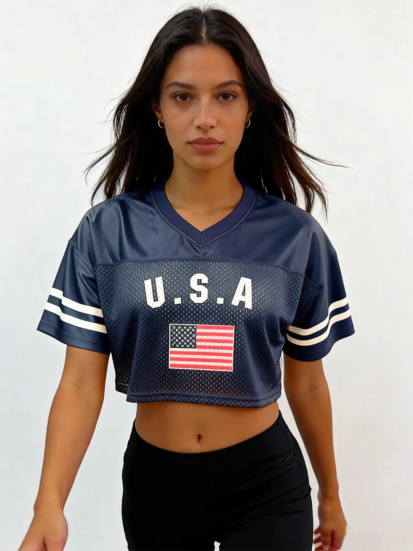 Women's USA Cropped Football Jersey, Navy Blue V-Neck Mesh Crop Top, Sports Top, Sportswear Top, Sports Style Jersey, American National Team Soccer Fan Shirt for Game Day & Streetwear, Stylish Jersey, Sports Clothing