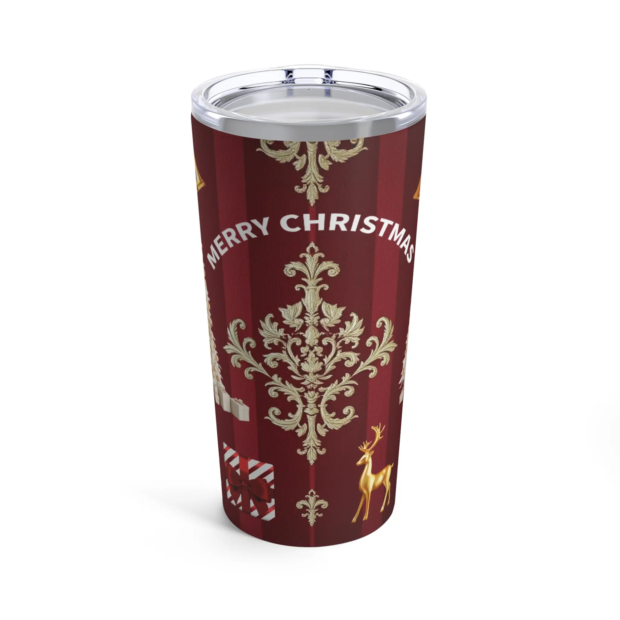 Damask Christmas Cheer Red Striped Tumbler, Holiday Tumbler, Hot Cold Drinks, 20oz Tumbler