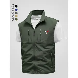 Men's Solid Pocket Zipper Vest Jacket without Tee, Regular Fit Casual Sleeveless Collared Outerwear for Spring & Fall, Men's Clothes for Outdoor Activities, Sleeveless Waistcoat