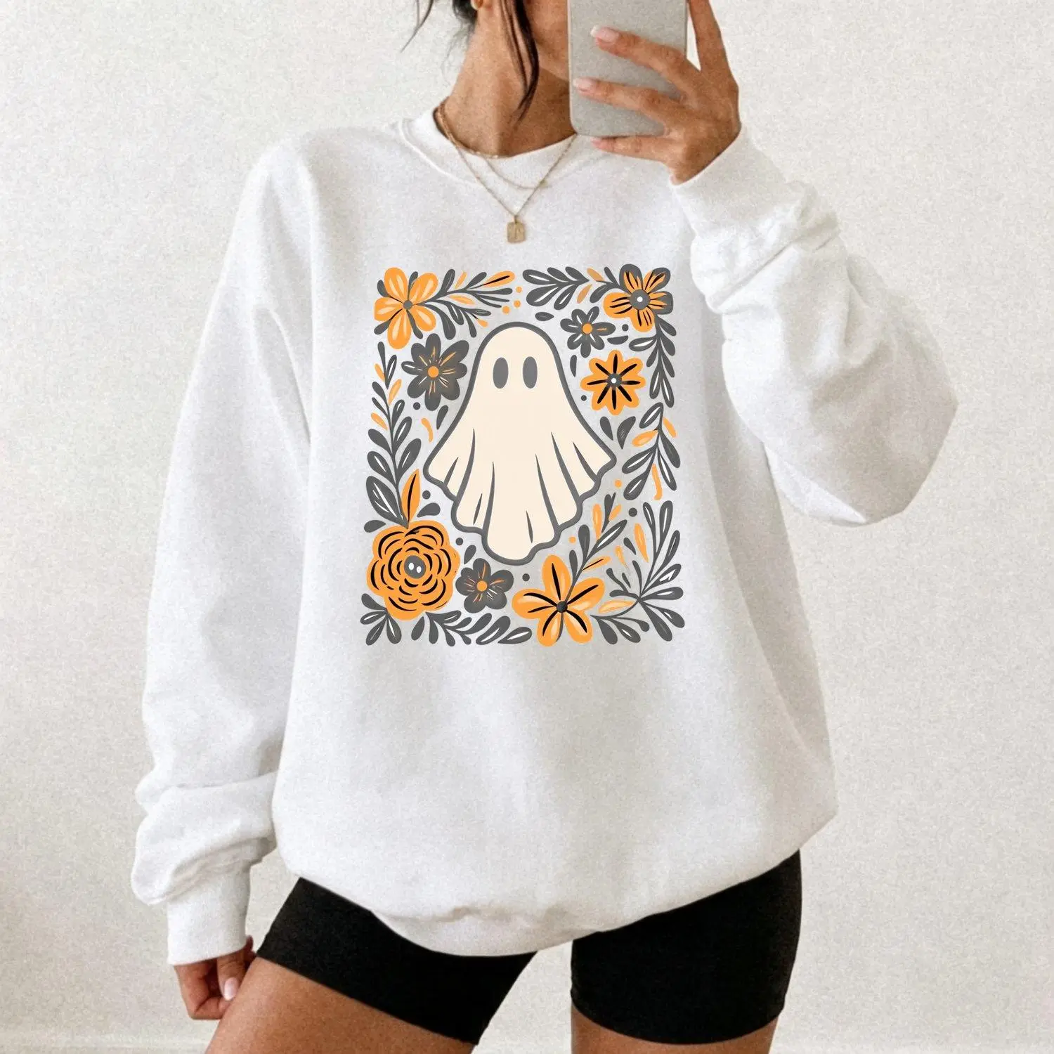 Womens Sports Sweatshirt pooky Ghost& Floral Print Casual Urban Fashion Top for Halloween Parties Casual Attire Halloween Clothes Party Attire Playful Edgy Print Breathable Fabric Comfortable Fit