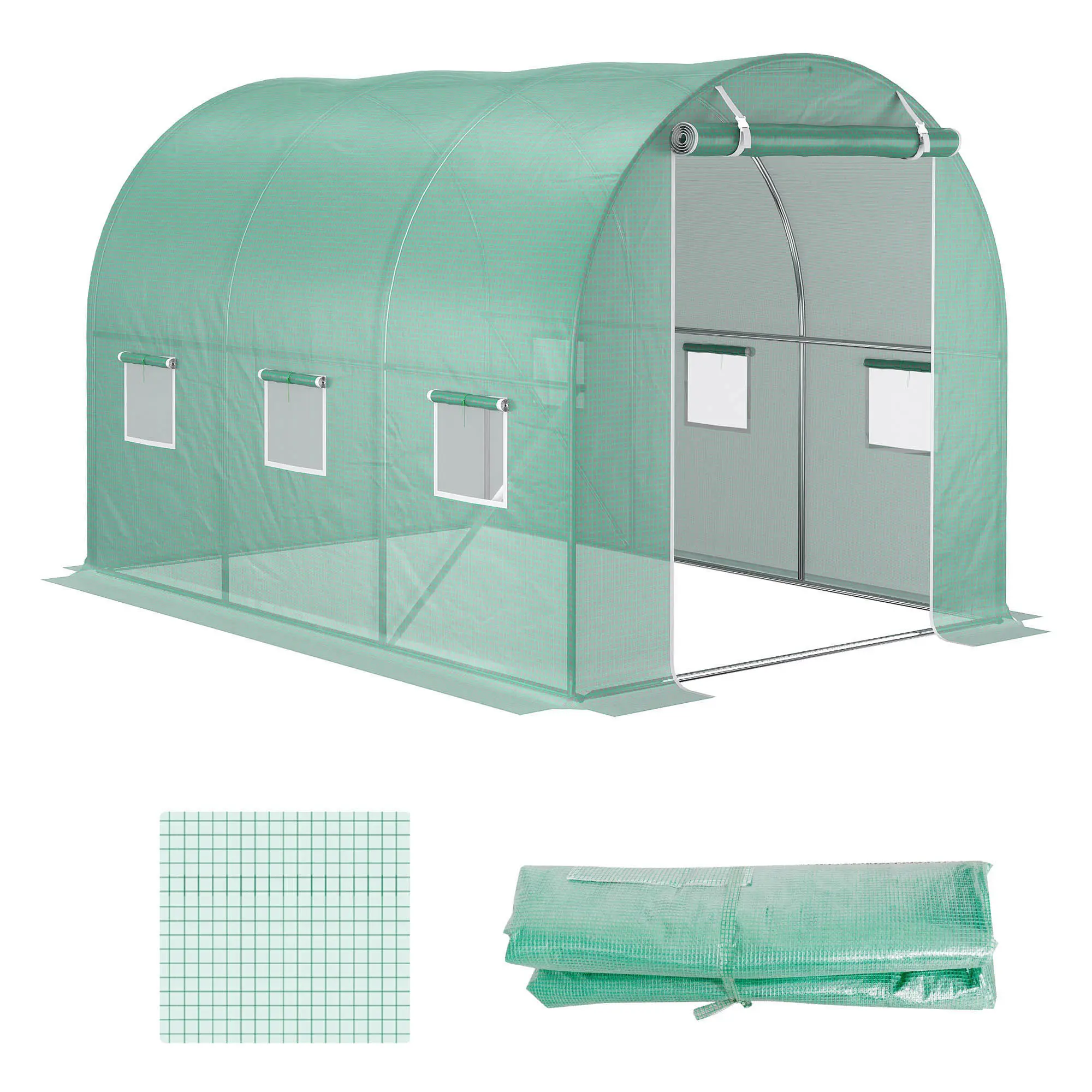 9.8' x 6.6' x 6.6' Heavy-Duty Waterproof Plastic Greenhouse Cover Replacement, Hoop House Tarp with 6 Windows, Door & Reinforcement Grid, Green