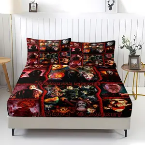 Horror movie pattern printed bedsheet, including 1 bedsheet and 2 pillowcases, anti slip dust cover suitable for bedrooms and guest rooms, suitable for personal use or gift giving