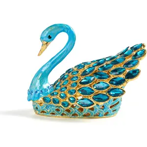 3.7-inch Blue Swan Figurine Jewelry Trinket Box, Enamel Hand-painted Hinged Box with Gems, Ring Holder Organizer, Home Decor, Ideal Wedding Favor Gift