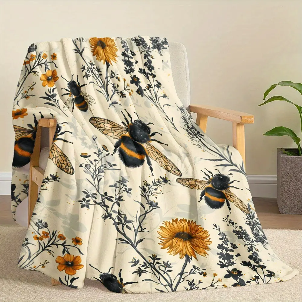 Bees-Wildflowers Themed Retro Flannel Throw Blanket - 100% Polyester, 280GSM, Wrinkle Resistant, Durable, Machine Washable - All Seasons Home/Outdoor Bedding - Ideal for Napping, Camping - Great Gift for Friends