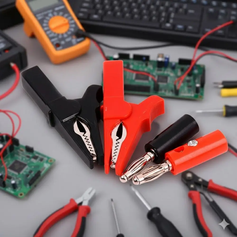 55mm Large Red Black Alligator Clip Set with Banana Plugs, High-Conductivity Copper Circuit Test Clips, Insulated Multimeter Test Leads. Essential Electrical Tools for DIY Electronics, Lab Testing, Electrical Repairs, and Projects.