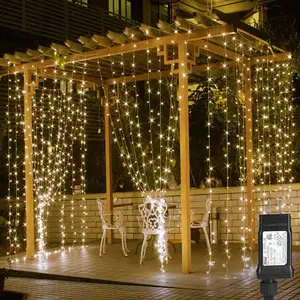 300 LED Curtain Solar Power Indoor Outdoor Waterproof Lights Flashing Mode - Long Hours - Warm White