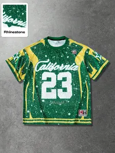 Men's Rhinestone-Embellished Green Football Jersey With “California” & No.23, Y2K Bling Retro Style For Streetwear And Party Wear, Football Uniform