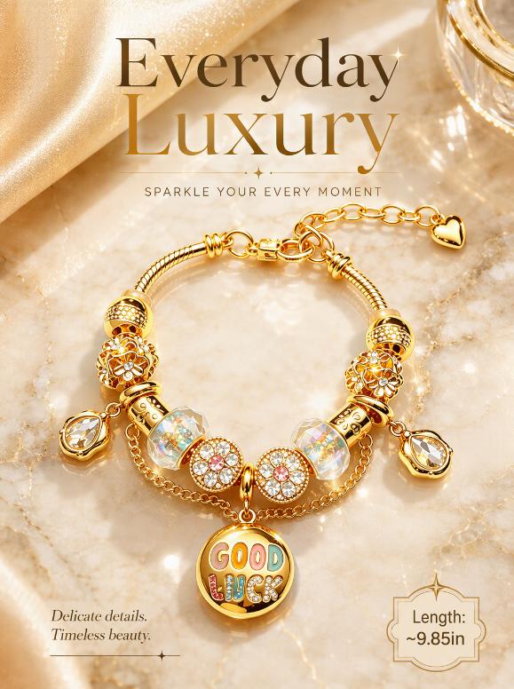 Gold Bead Charm Bracelet with GOOD LUCK Pendant, Adjustable Snake Chain Bracelet with Crystal Beads Dangle Charms, Fashion Jewelry Gift for Women Girls