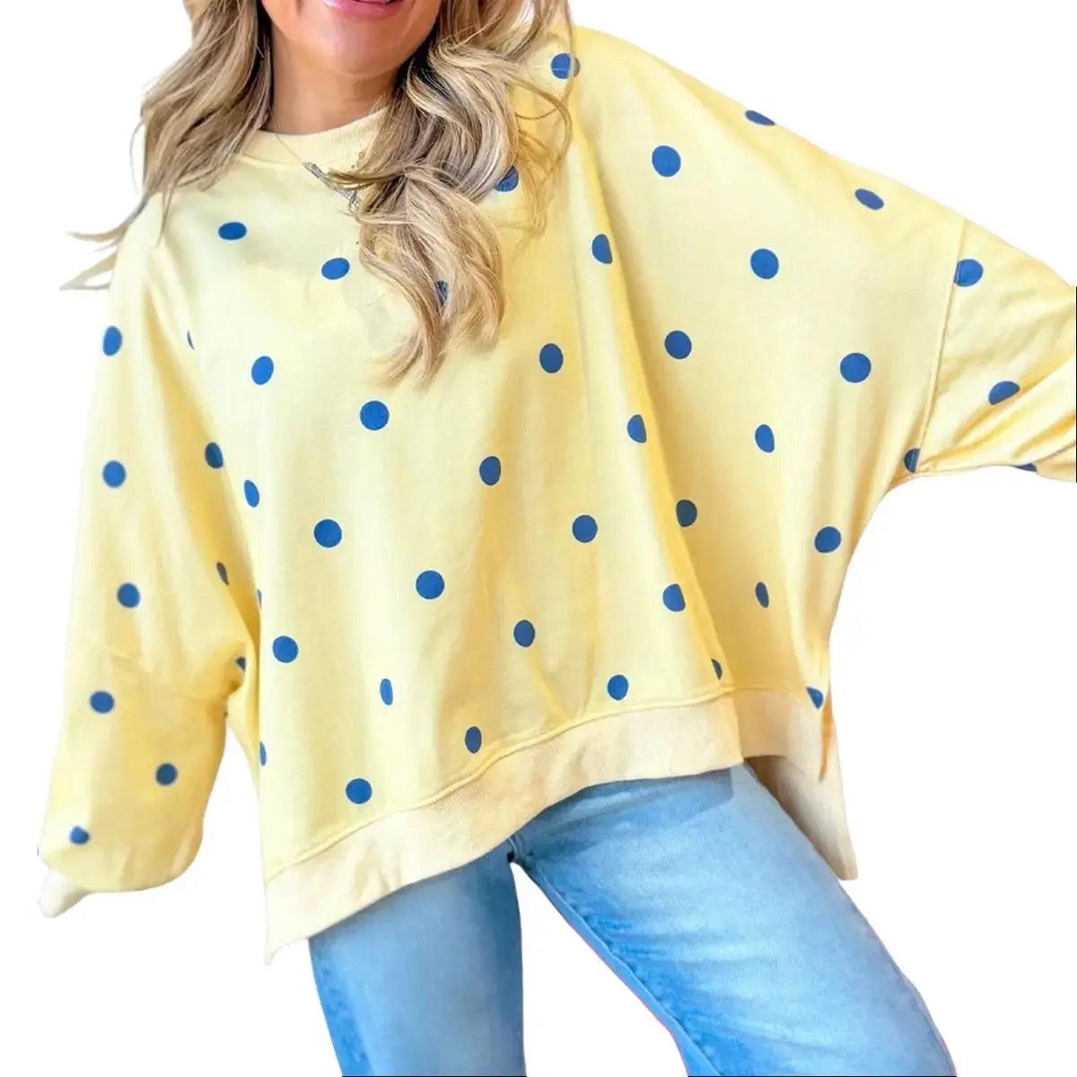 Women’s Oversized Polka Dot Crewneck Sweatshirt Y2K Long Sleeve Pullover
