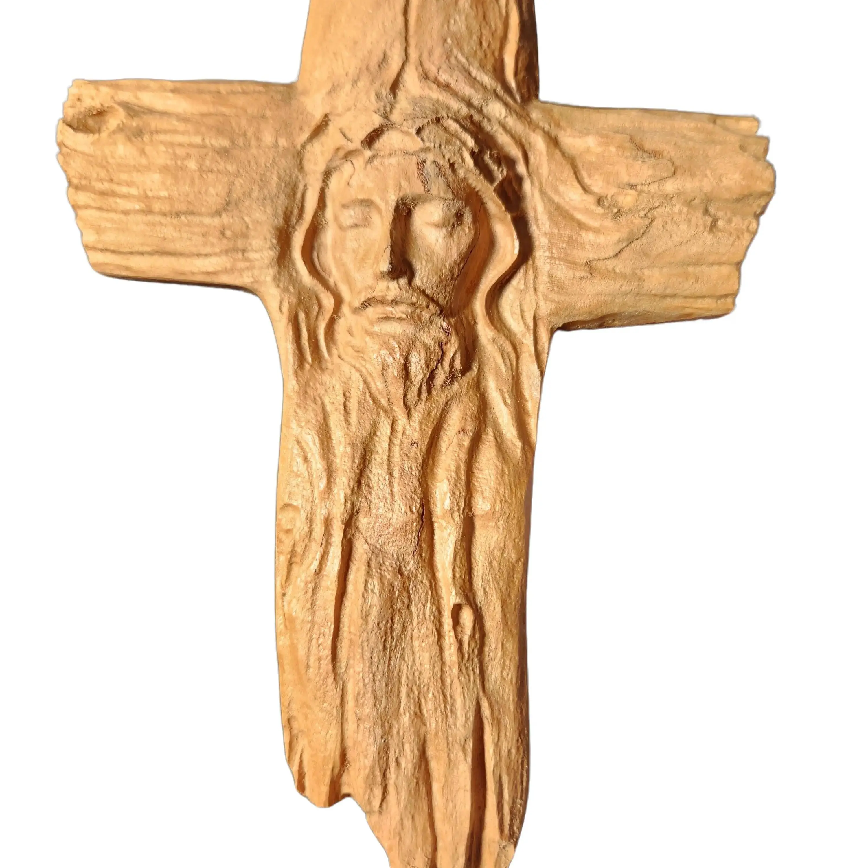 Kansas Wood Shop Handcrafted Rustic Cross with Jesus Face Crucifix Decorative Religious Artwork Cherry Wood 7.5" x 5.5" Hanging Ornament
