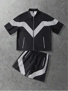 Men's Summer Fashion and Patchwork Zipper Short Sleeve + Shorts Set, Contrast Commuter Breathable Striped Casual