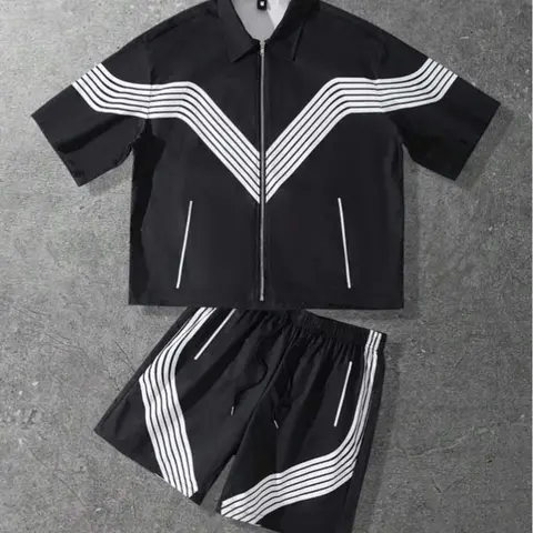 Men's Summer Fashion Patchwork Zipper Short-Sleeve Top & Shorts Set, Contrast Striped Breathable Casual Outfit for Commuting, Loose Menswear Matching Sets