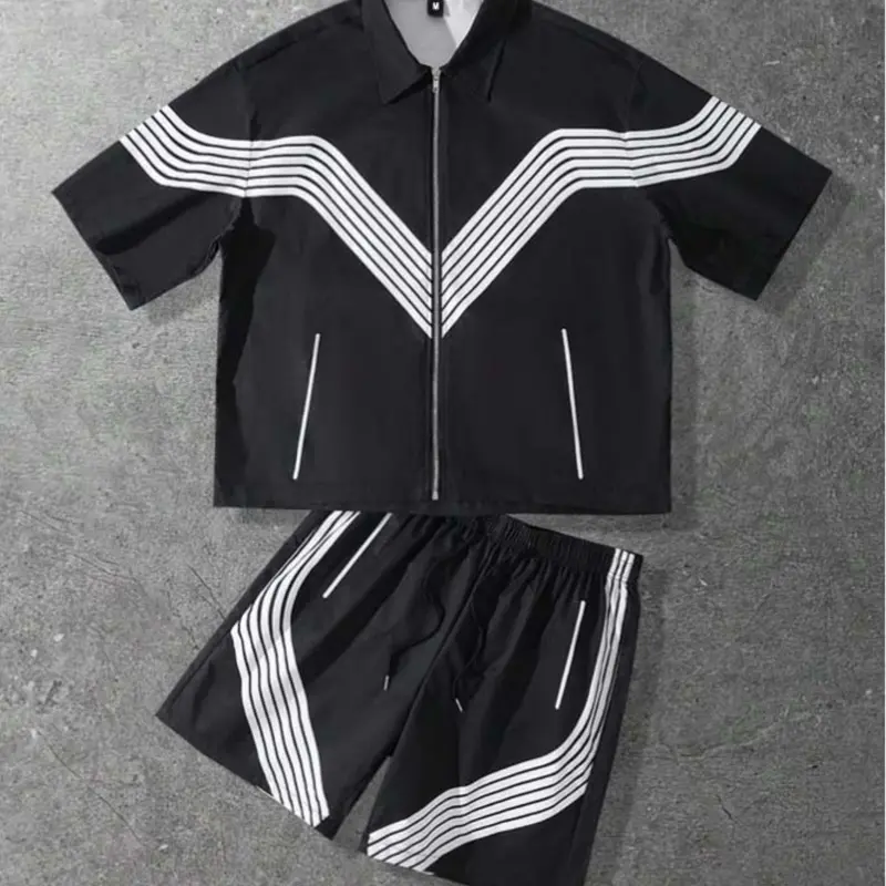 Men's Summer Fashion Patchwork Zipper Short-Sleeve Top & Shorts Set, Contrast Striped Breathable Casual Outfit for Commuting, Loose Menswear Matching Sets