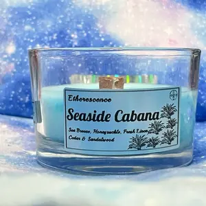 Seaside Cabana Candle Handmade Scented Beeswax with Wooden Wick in Glass Container for Relaxing Decor Experience - Fresh Ocean Aroma Scent
