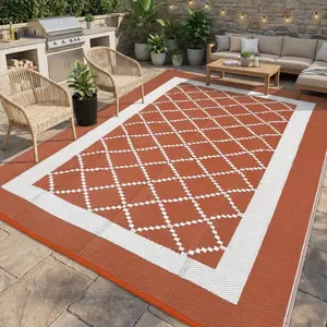 Outdoor Plastic Straw Rug  Waterproof Reversible Patio Rugs, Large UV-Resistant Portable RV Camping Mats, Geometric Carpet with Bag & 4 Stakes for Outside Deck Porch Garden, Terracotta