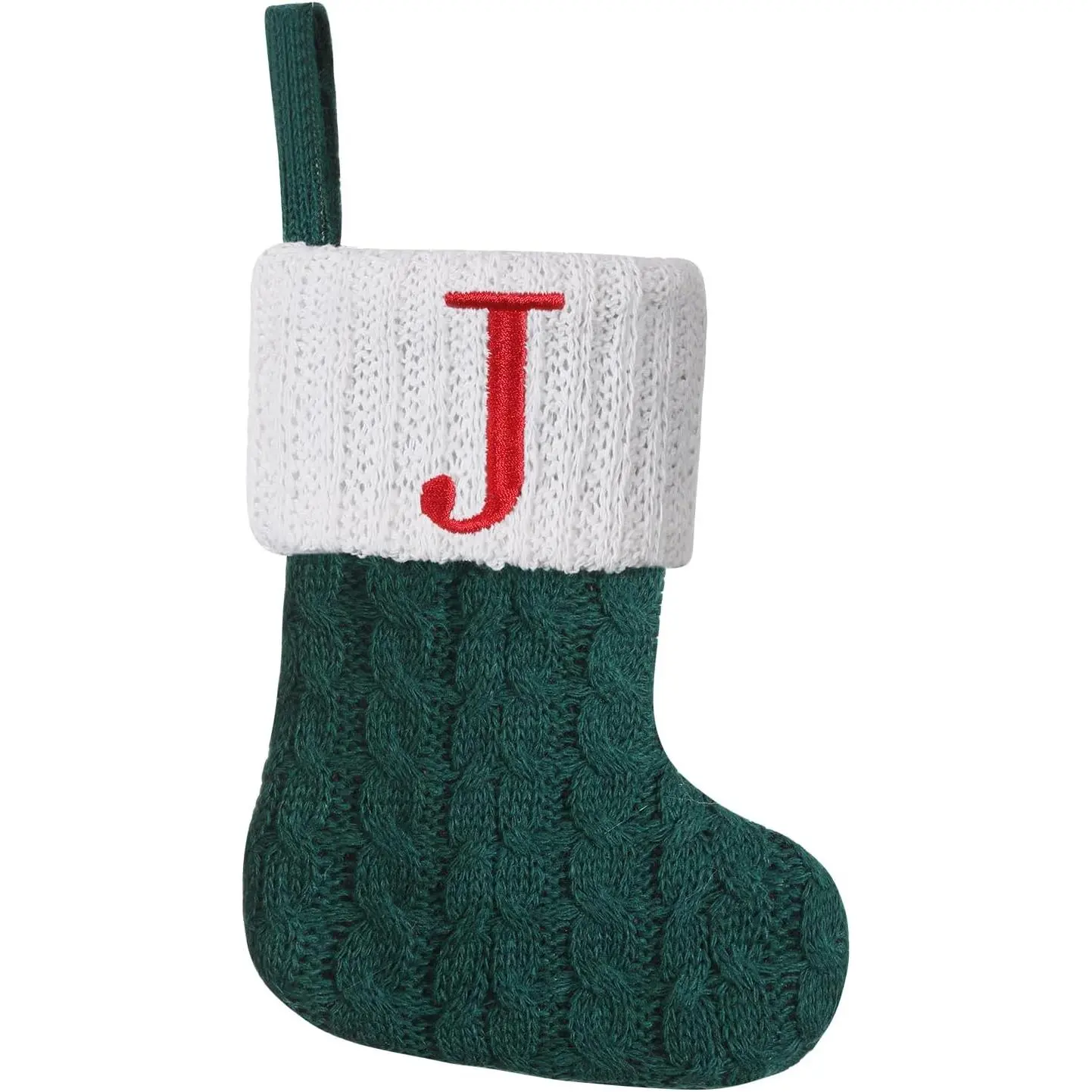8.5 in Mini Green Knit Christmas Stocking, Monogrammed Embroidered Initial J, Family Fireplace Hanging Ornament, Xmas Holiday Decor Gift, 8.5 Inches