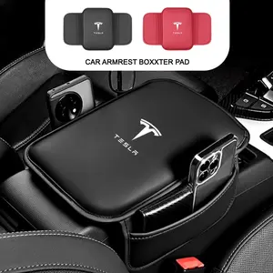 Leather Car Interior Armrest Box Pad, Armrest Protector Cushion with Storage Pocket, Fits Tesla Model 3 Model S X Y Roadster Spacex
