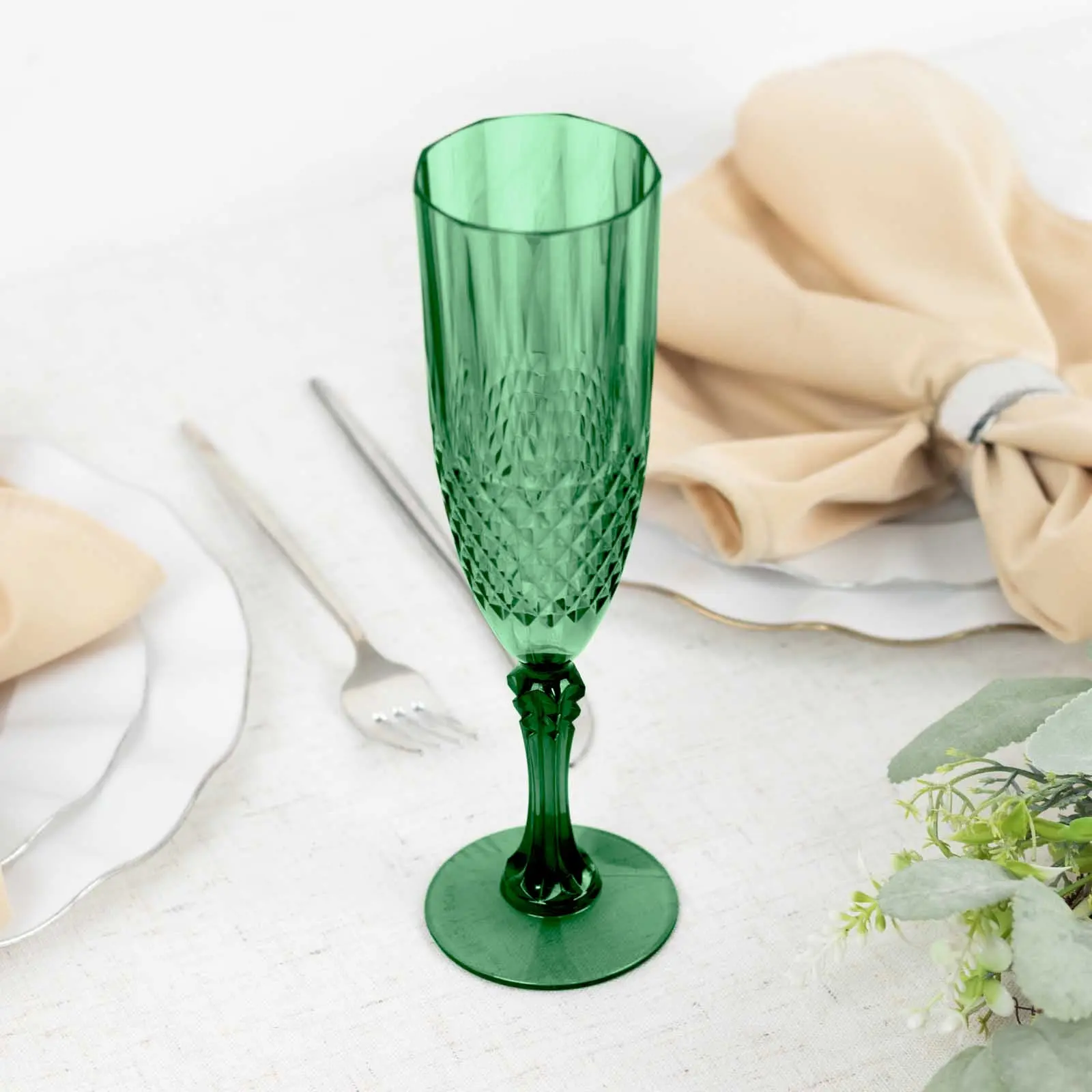 6-Pack 8oz Reusable Plastic Champagne Flutes - Crystal Cut Hunter Emerald Green Transparent, Durable Kitchenware Drinkware for Parties, Dining Room Adults, Party