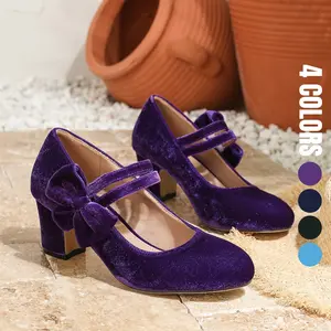 Autumn winter new arrivals, suede 3D bow decoration, double buckle design, round toe block heels in purple, blue，green, high-heeled Mary Jane shoes, simple, elegant, suitable for parties, weddings, Christmas, business occasions, spring and summer, dresses