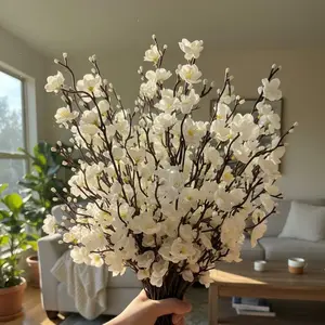 12/24pcs Artificial White Plum Silk Blossom 21.7'' Fake Wintersweet Long Stem Plastic Faux Flowers for Home Hotel Office Wedding Party Garden Centerpieces All Season Decorative Fruit Ornaments Plants Nature Vase