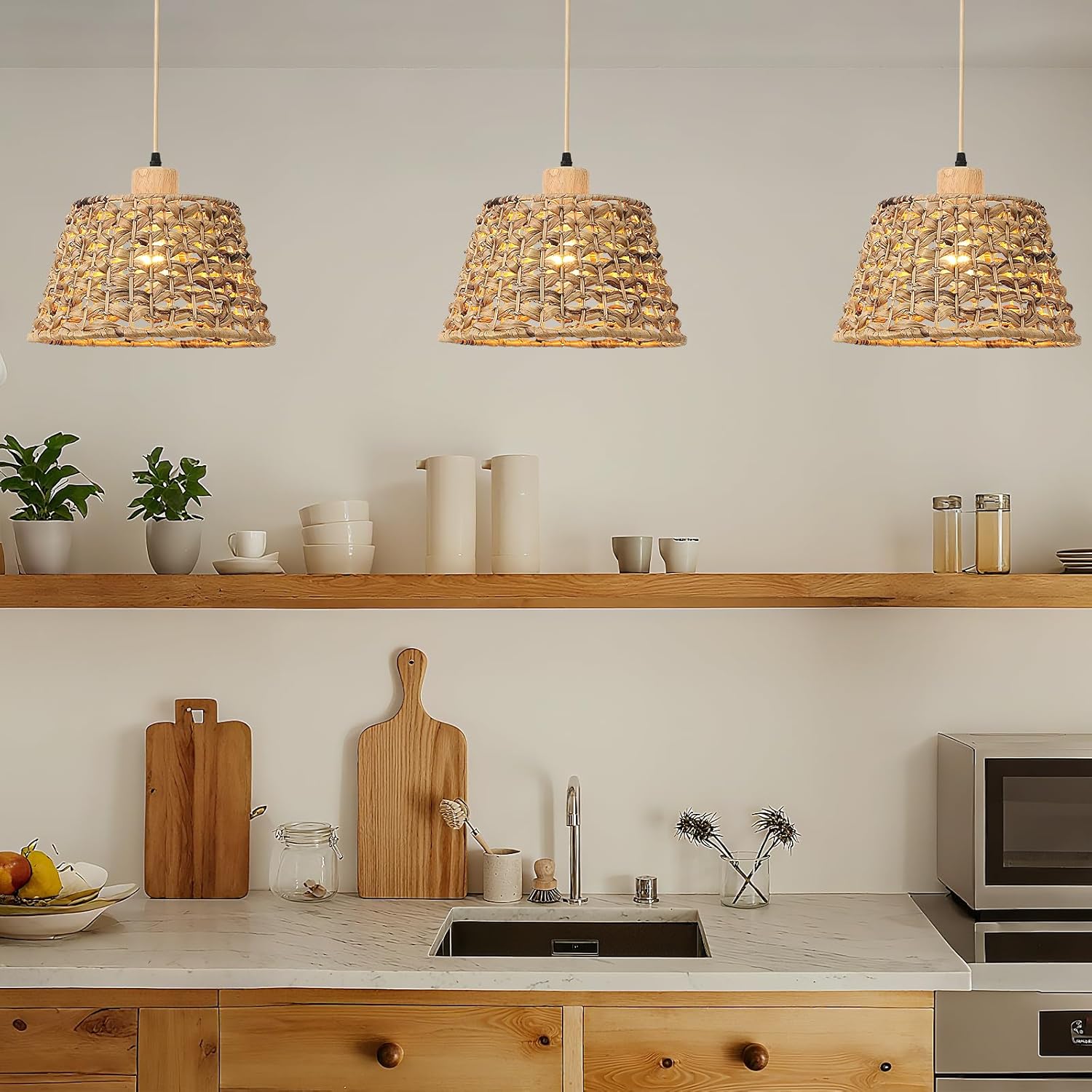 Rattan Boho Pendant Light, 12" 1-Light Hand-Woven Wicker Water Hyacinth Cone Hanging Light for Kitchen Island Dining Room