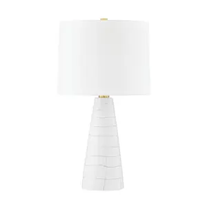 Melinda Table Lamp - Hand-Painted Satin White Ceramic Base with Whimsical White Linen Shade and Aged Brass Accents