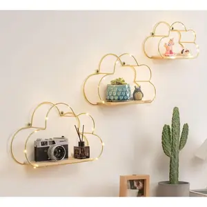 Golden Cloud Shape Floating Shelves with LED Lights Wall Decor, Metal Wire and  Base Wall Mounted Shelf Decorations for  Bedroom Living Room - Set of 3