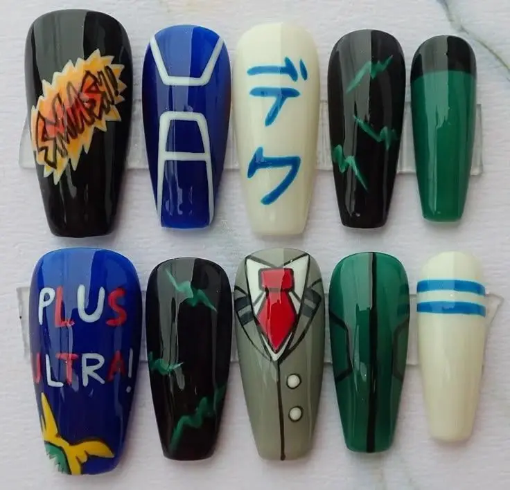 My Hero Academia Press On Nails, Deku Bakugo Anime Nail Art, Plus Ultra Smash 3D Character Nails, Handmade MHA Reusable Fake Nails | Gift Set (Adhesive Tabs, Nail File, Cuticle Stick)