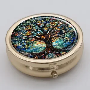Round Tree Of Life Pattern Pill Box, 1 Count 3 Compartment Mini Decorative Pocket Purse, Portable Travel Medicine Tablet Vitamin Holder Organizer, Healthcare