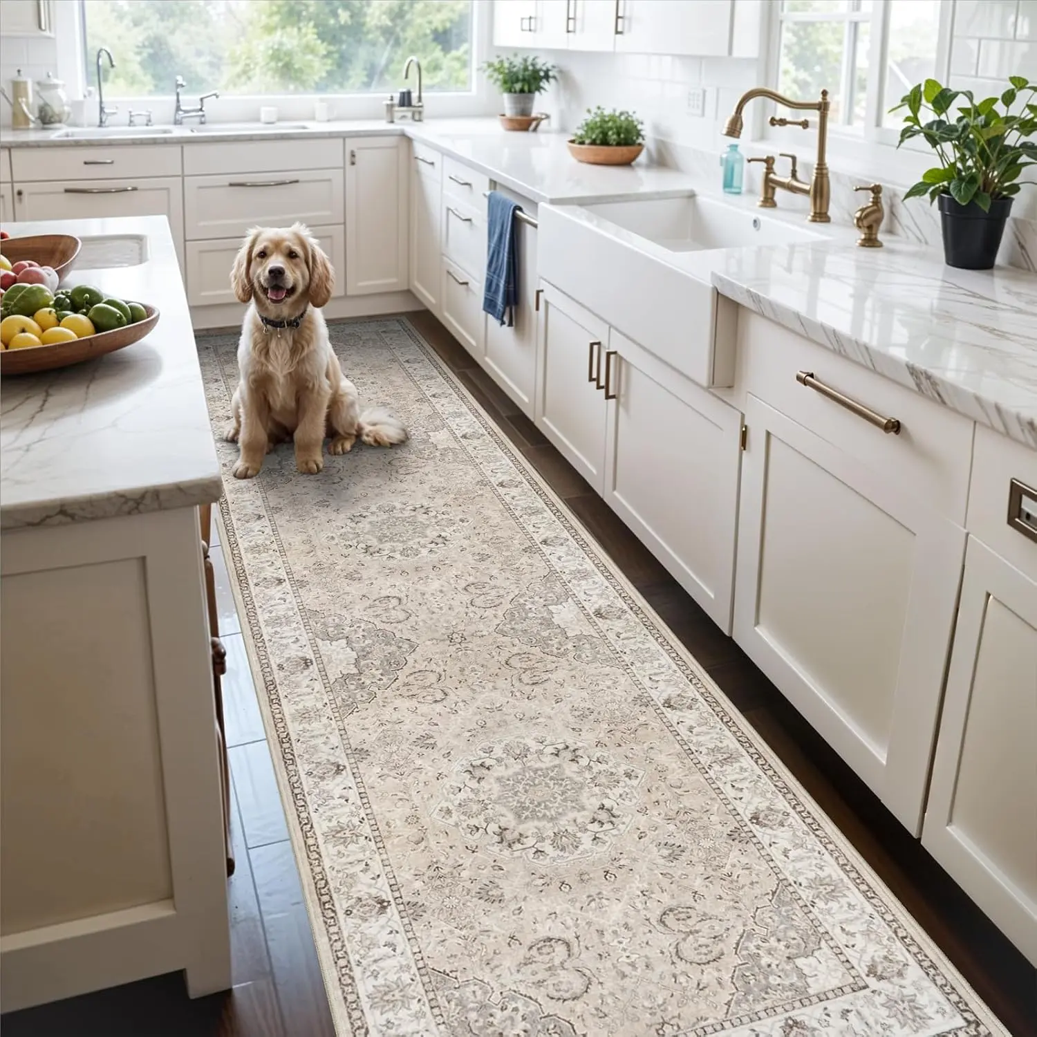 Hallway Washable Runner Rug 2x10 Beige Kitchen Rugs Entryway Vintage Soft Non Slip Indoor Farmhouse Carpet for Bathroom Living Room Bedroom