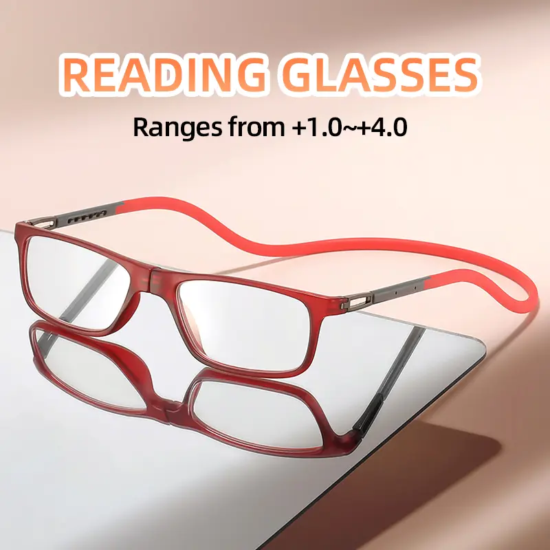 Elegant Foldable Reading Glasses with Magnetic Neck Strap, Lightweight PC Frame for Office & Gaming, Available +100 to +400 Strengths, Reading Eyeglasses, High Quality Eyewear