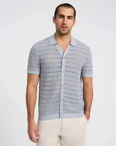 Express Cotton Open Knit Stripe Short Sleeve Sweater Polo