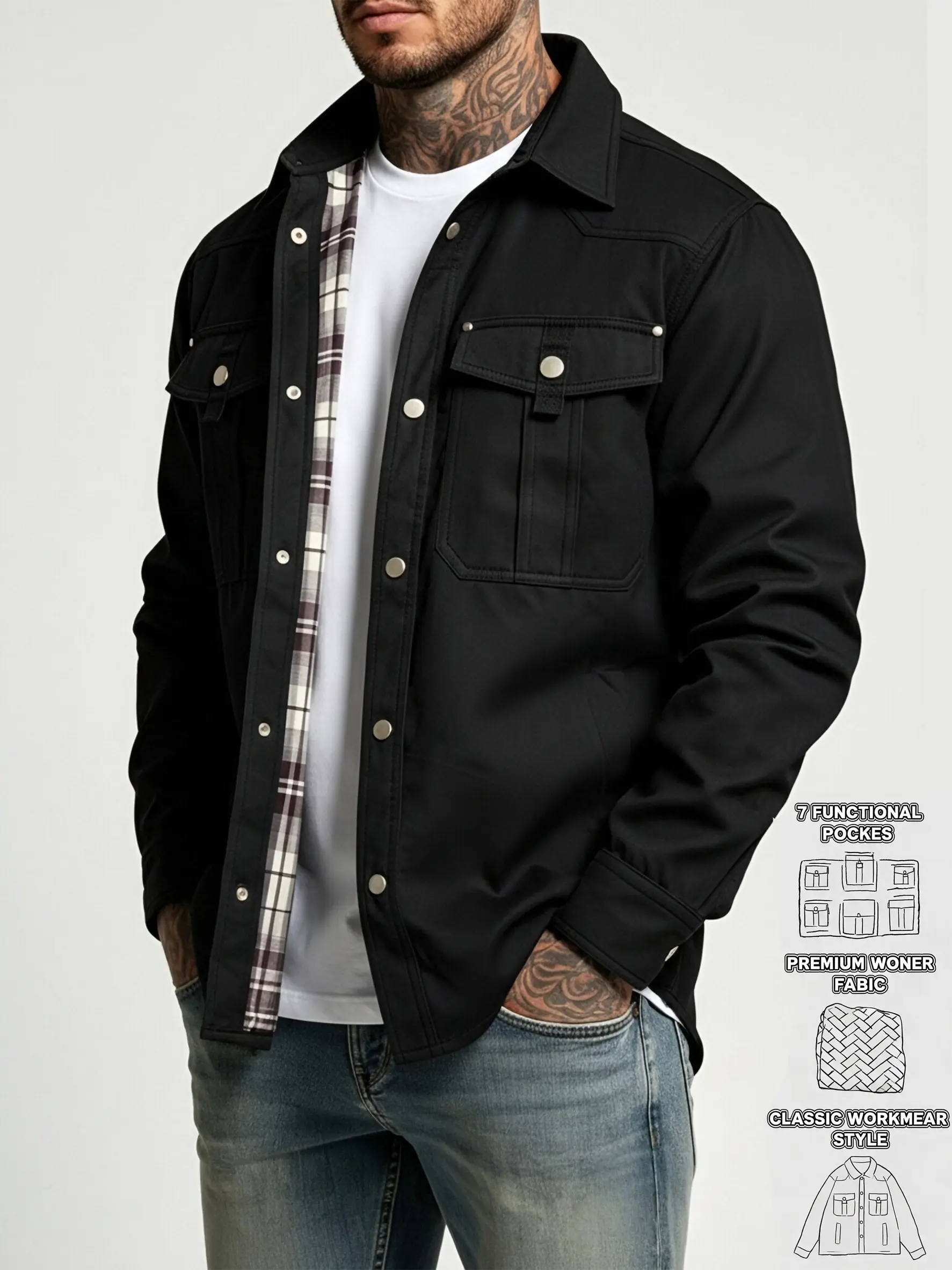 Men's Regular Fit Collared Cargo Shacket Jacket, Full Snap Button Front Long Sleeve Overshirt with Dual Flap Chest Pockets & Side Hand Pockets, Plaid Grid Interior Lining Casual Work Street Outerwear for Daily, Travel and Urban Wear