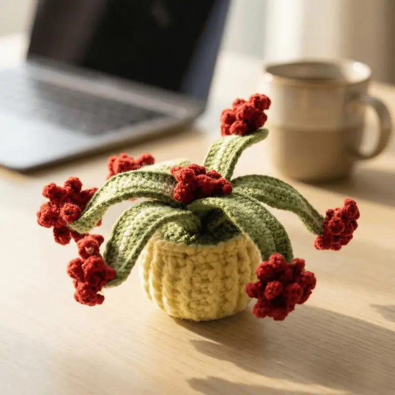 Handmade Crafts Flower Hanging Decor - Bouquet-Shaped Crafted Alternative Hanging Decor, Crochet Artificial Flower Arrangement with Knitted Vase for Home Office Desk